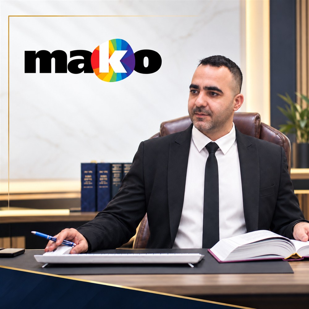 עו״ד עודד בוקר במשרד, לצד לוגו mako