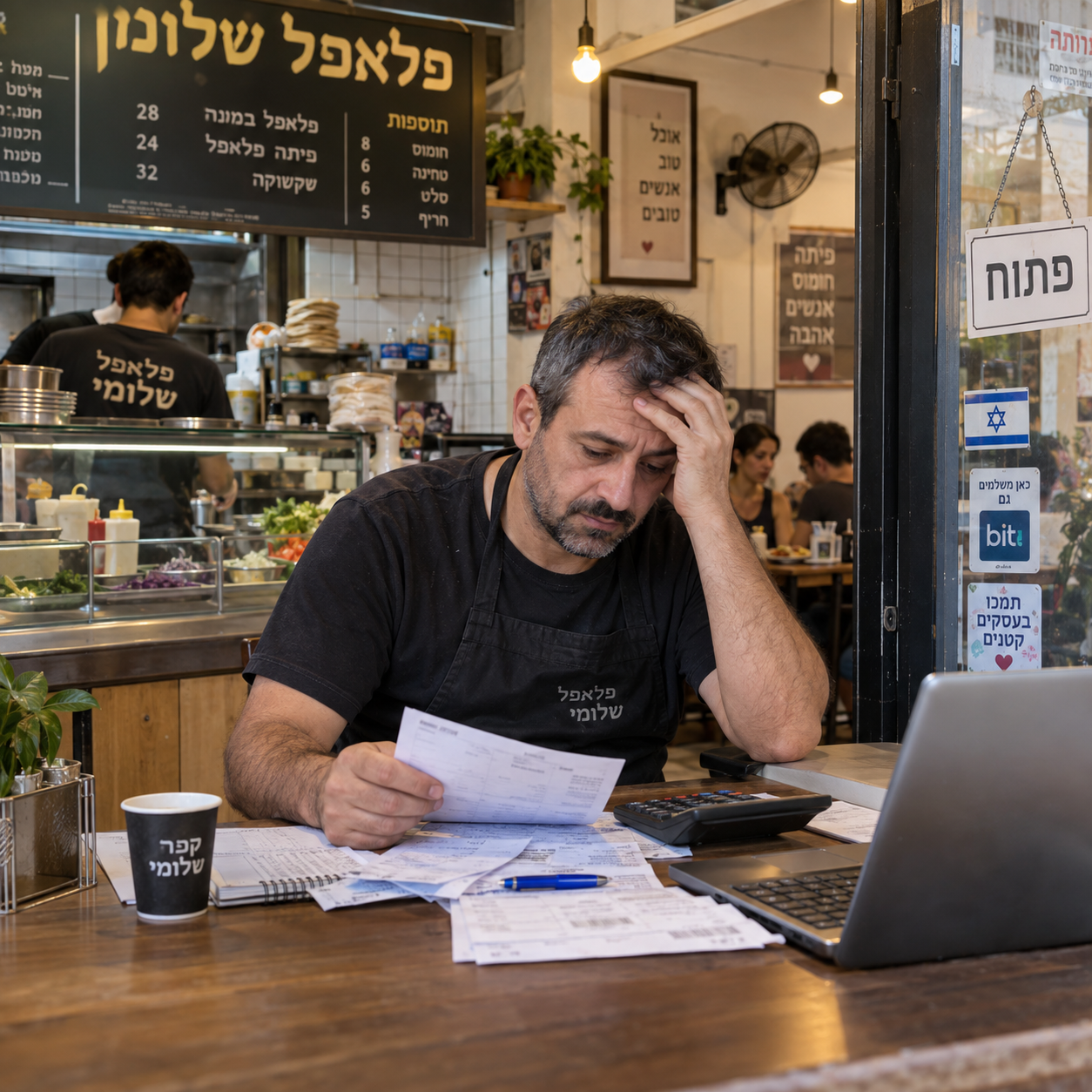 בעל עסק בוחן את מצבו הכלכלי בעסק פעיל